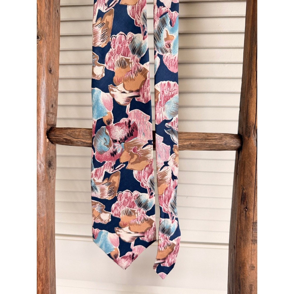 Oscar de la Renta Mens Silk Necktie Navy Blue Pink Abstract Floral Print Tie VTG - Picture 6 of 7